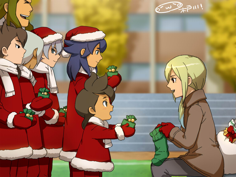 adult, afuro_terumi, androgynous, brown_hair, christmas, gift, gloves, hat