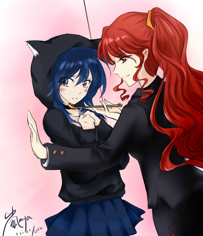 animal_hood, arashi_aya, blue_eyes, blue_hair, blush, brown_eyes, cat_hood, choker