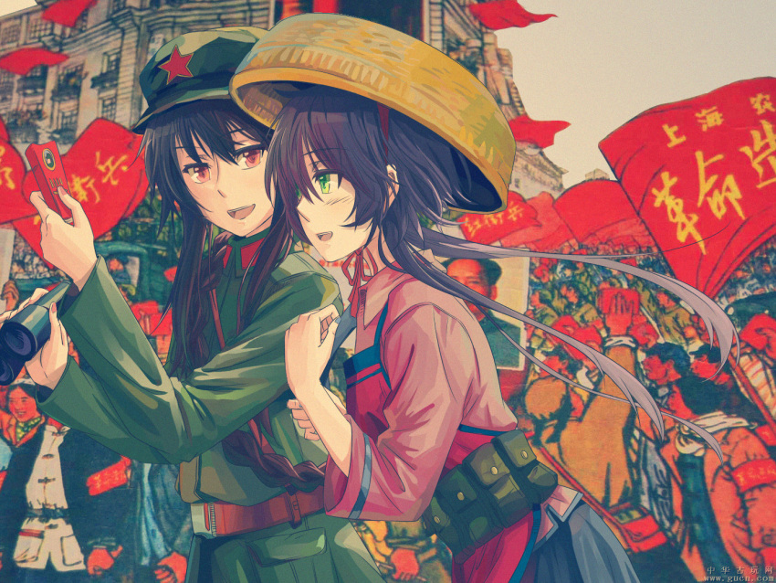 apron, binoculars, china, communism, cultural_revolution, green_eyes, hat, jin_chongtian, luo_tianyi, mao_cap, mao_zedong, multiple_girls, red_eyes, rice_hat, uniform, vocaloid, yuezheng_ling
