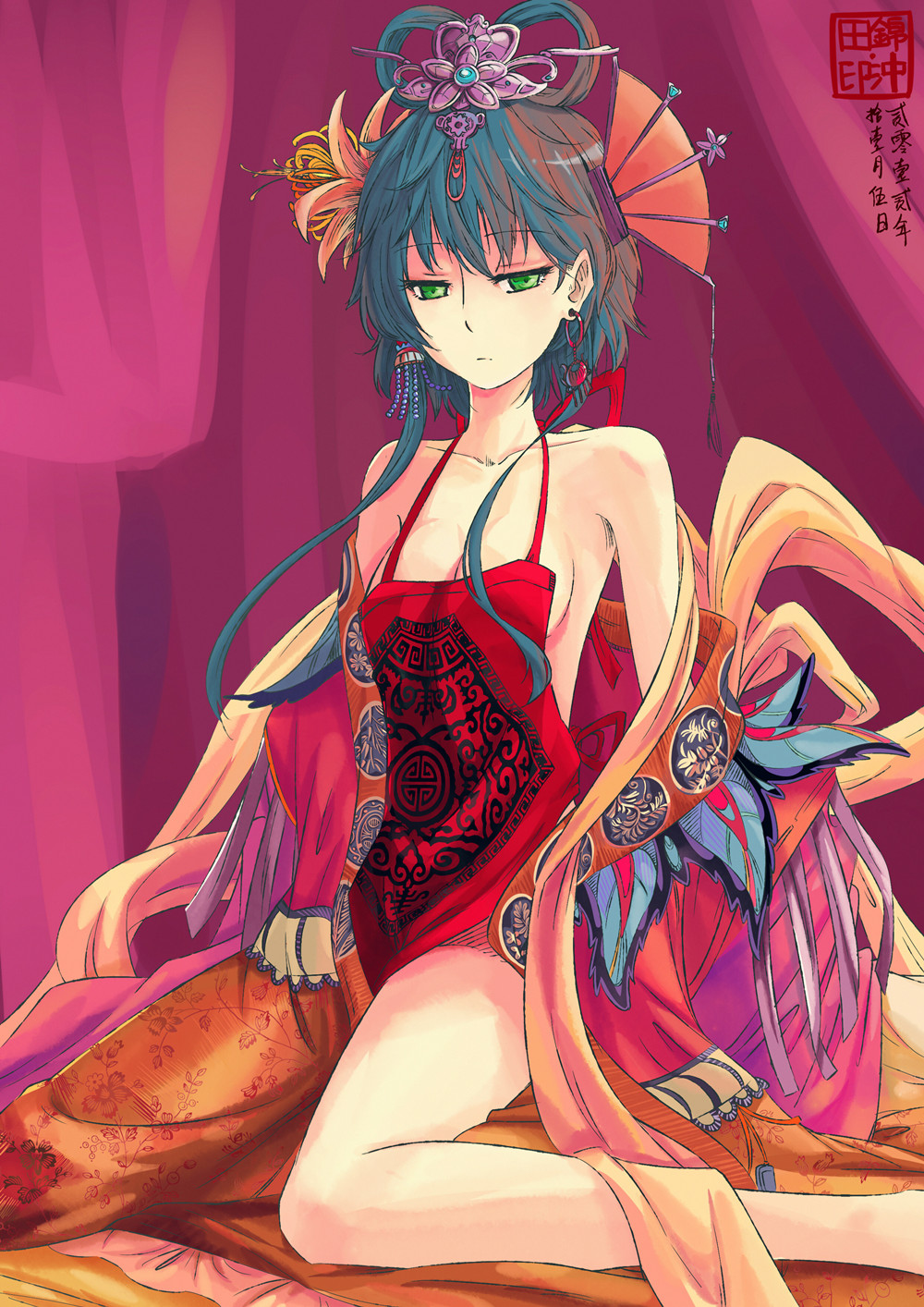1girl, bare_shoulders, breasts, cleavage, collarbone, du_dou, earrings, flower, hair_flower, hair_ornament, highres, jewelry, jin_chongtian, luo_tianyi, solo, undressing, vocaloid