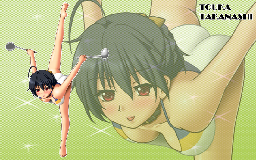 alternate_hairstyle, black_hair, chuunibyou_demo_koi_ga_shitai!, dual_wielding, flexible, gymnastics, highres, kimuti-g, ladle, leg_up, leotard, long_hair, red_eyes, short_hair, solo, standing_on_one_leg, takanashi_touka, zoom_layer