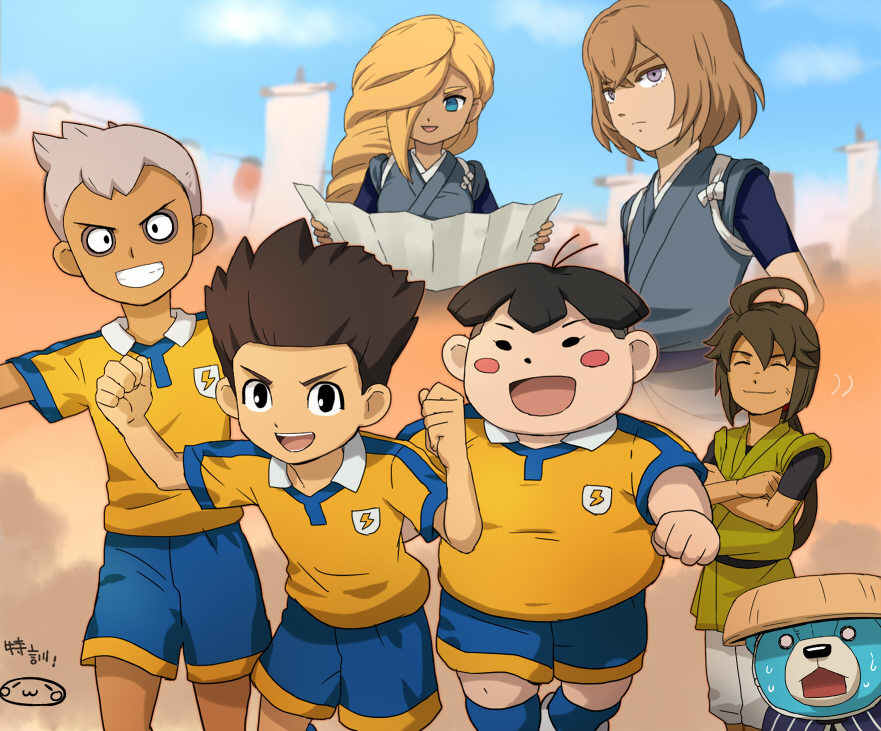 5boys, adapted_uniform, blush_stickers, einamu, gorouta_(inazuma_eleven), grin, hair_over_one_eye, inazuma_eleven_(series)