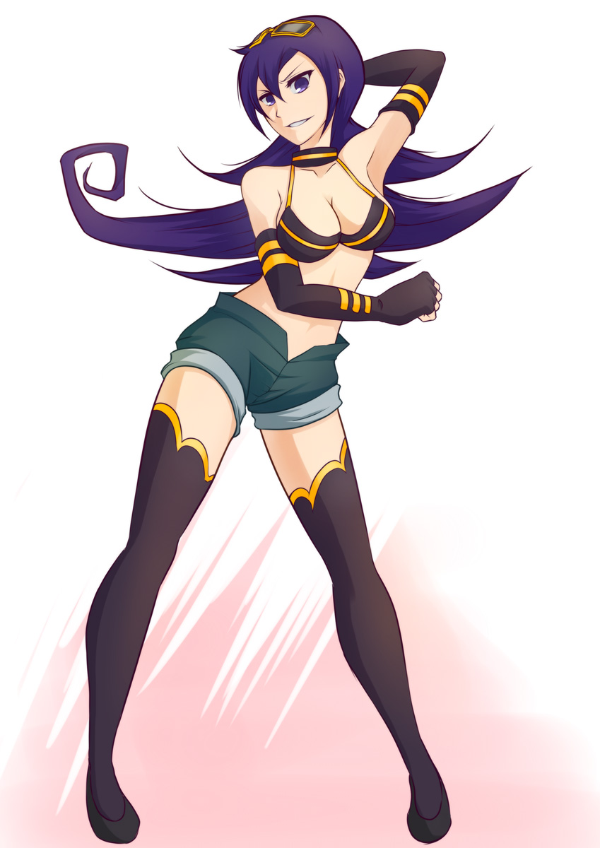 bare_shoulders, bikini_top, black_legwear, breasts, choker, cleavage, colored, contrapposto