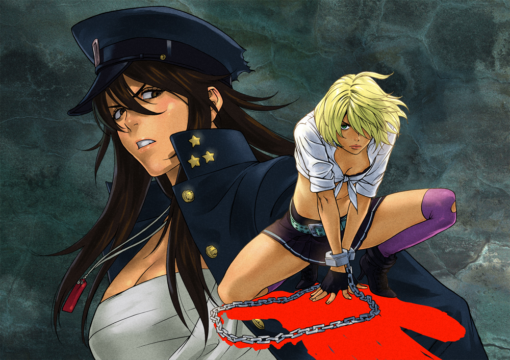 bdsm, belt, betten_court, blonde_hair, bondage, bra, breasts, brown_eyes, brown_hair, burai_sachiko, chain, chains, cleavage, hair_over_one_eye, hat, jacket, jacket_on_shoulders, kneehighs, lips, long_hair, mana30row, multiple_girls, official_art, peaked_cap, sarashi, sasarano_sara, short_hair, skirt, sleeves_rolled_up, thigh-highs, thighhighs, tokyo_girls_destruction, torn_clothes, underwear