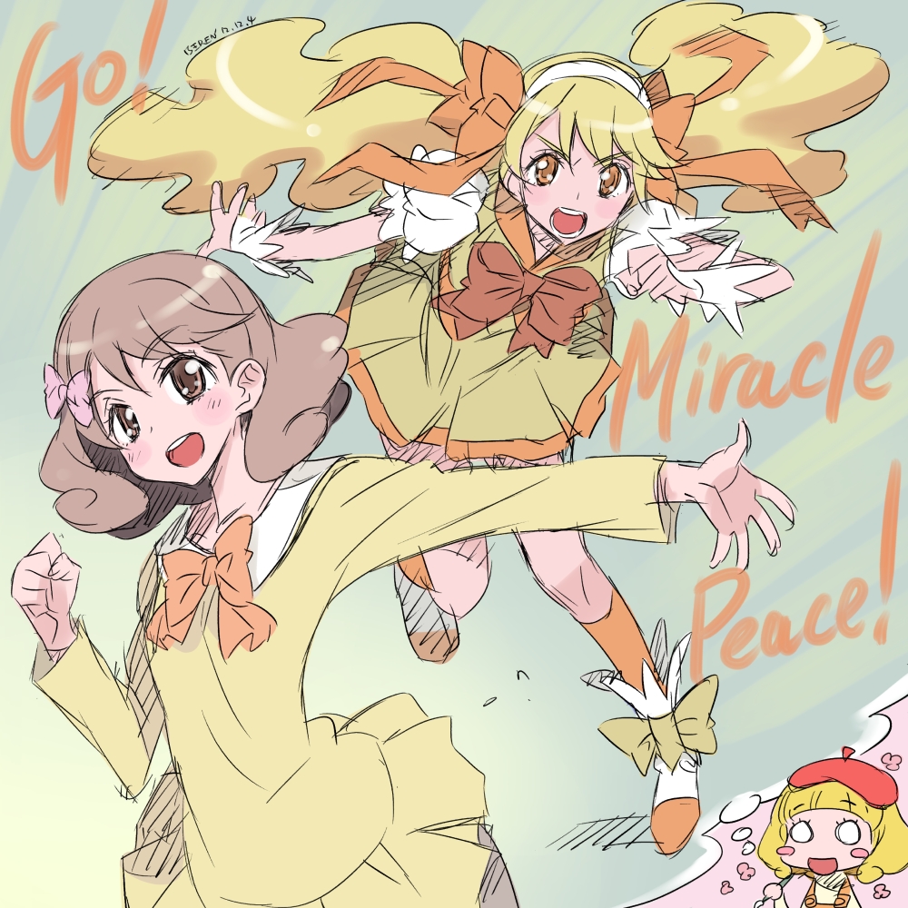 beret, blonde_hair, bow, brown_eyes, brown_hair, dress, hair_bow, hat