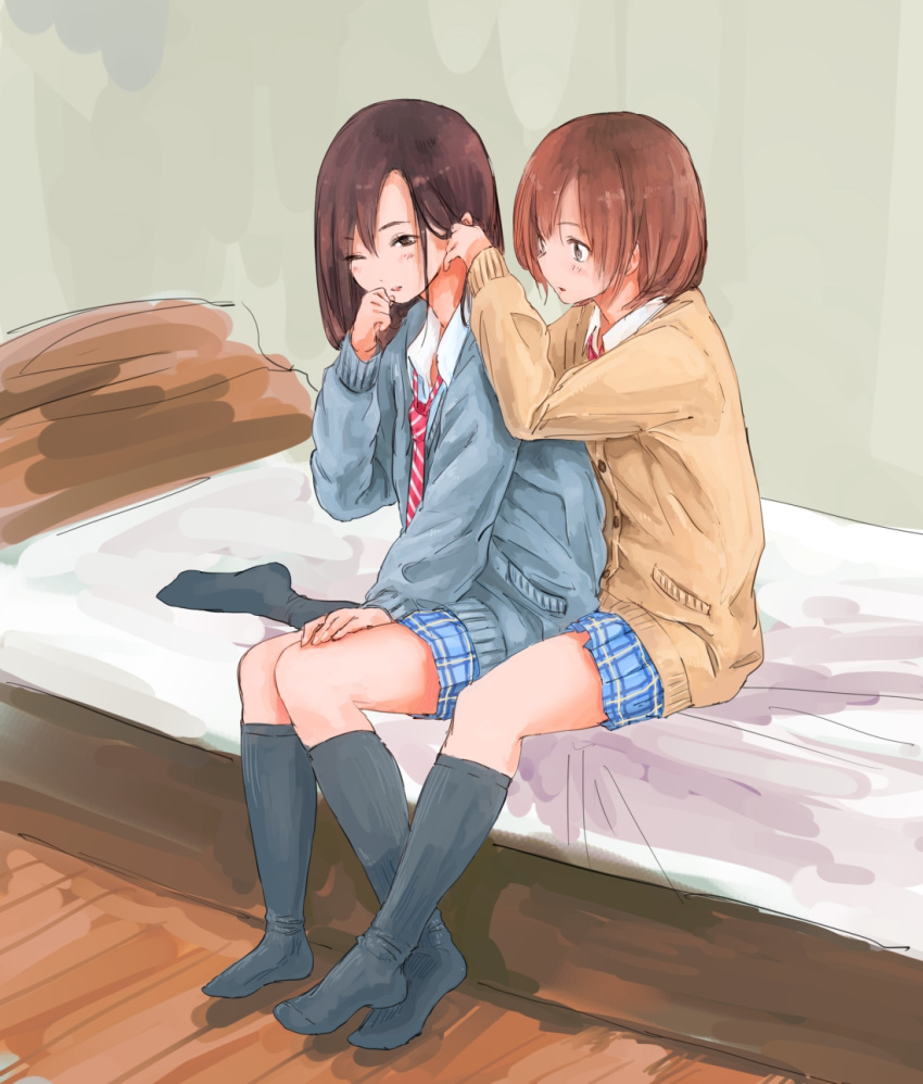 2yffmhbl, adjusting_hair, bed, between_legs, brown_hair, cardigan, highres, kneehighs