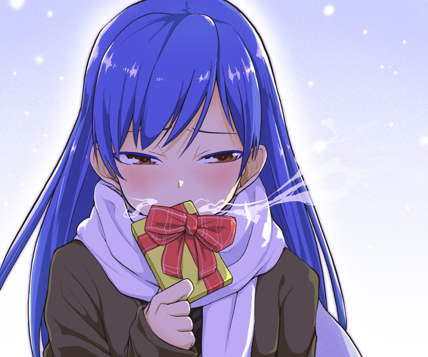 blue_hair, blush, breath, brown_eyes, covered_mouth, gift, idolmaster, jacket, kisaragi_chihaya, long_hair, moketa, scarf, snow, solo, winter