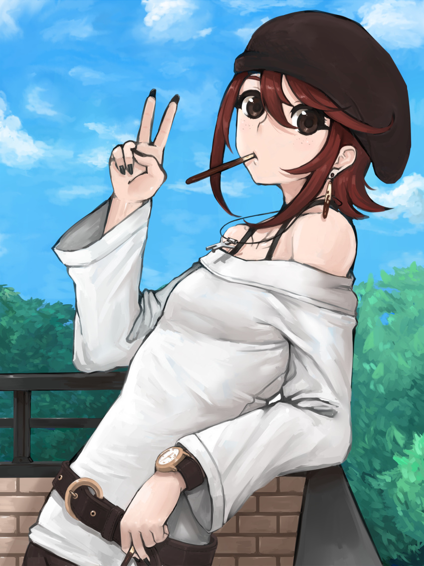 bare_shoulders, belt, earrings, freckles, hat, highres, jewelry, leaning