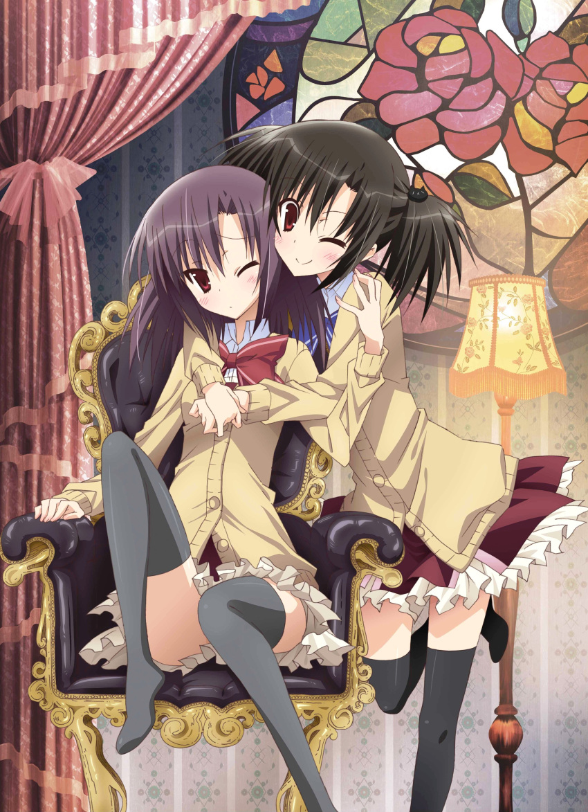 ;), absurdres, armchair, black_hair, black_legwear, blush, cardigan, curtains