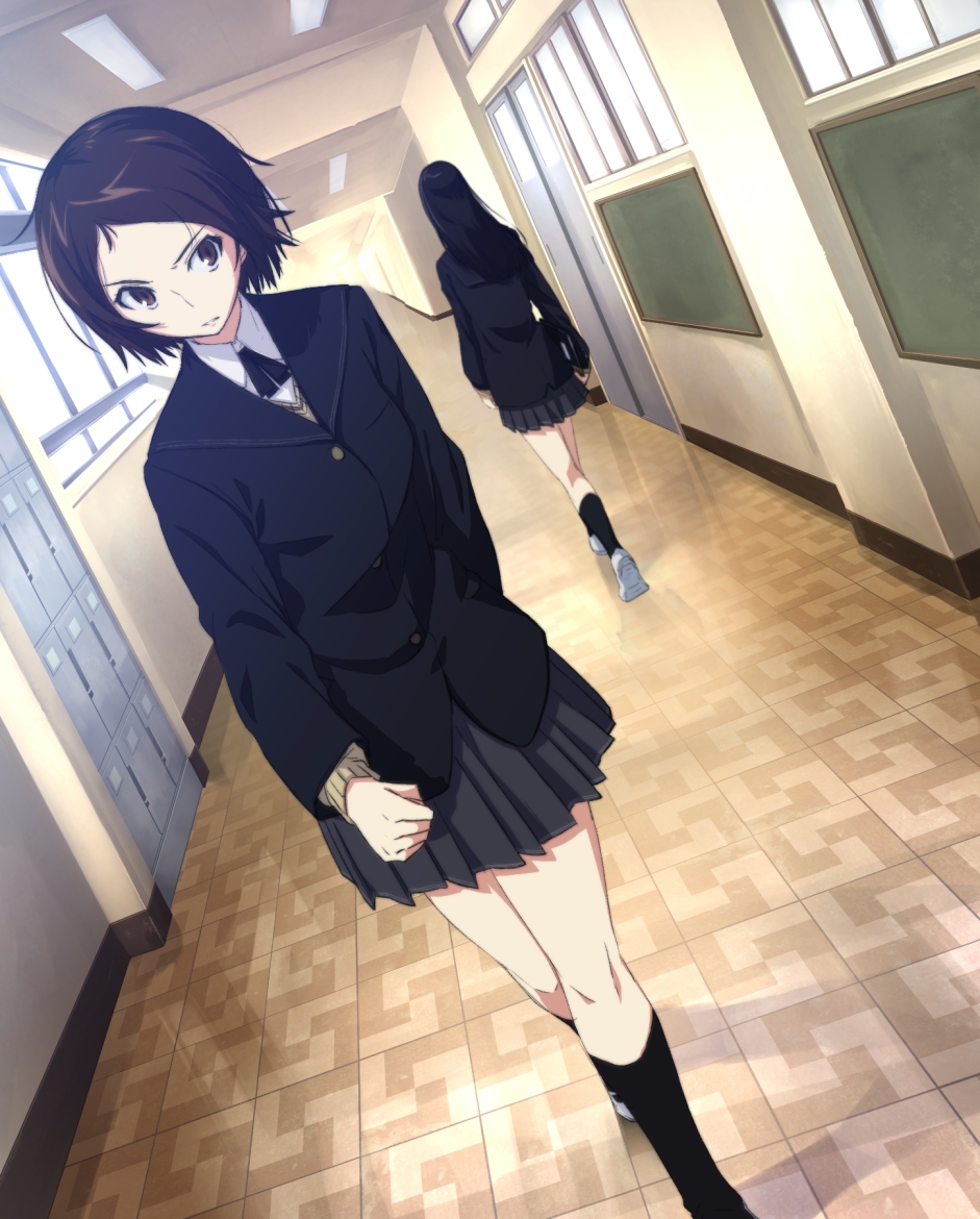 amagami, ayatsuji_tsukasa, black_eyes, black_hair, hallway, kurosawa_noriko, multiple_girls, pleated_skirt