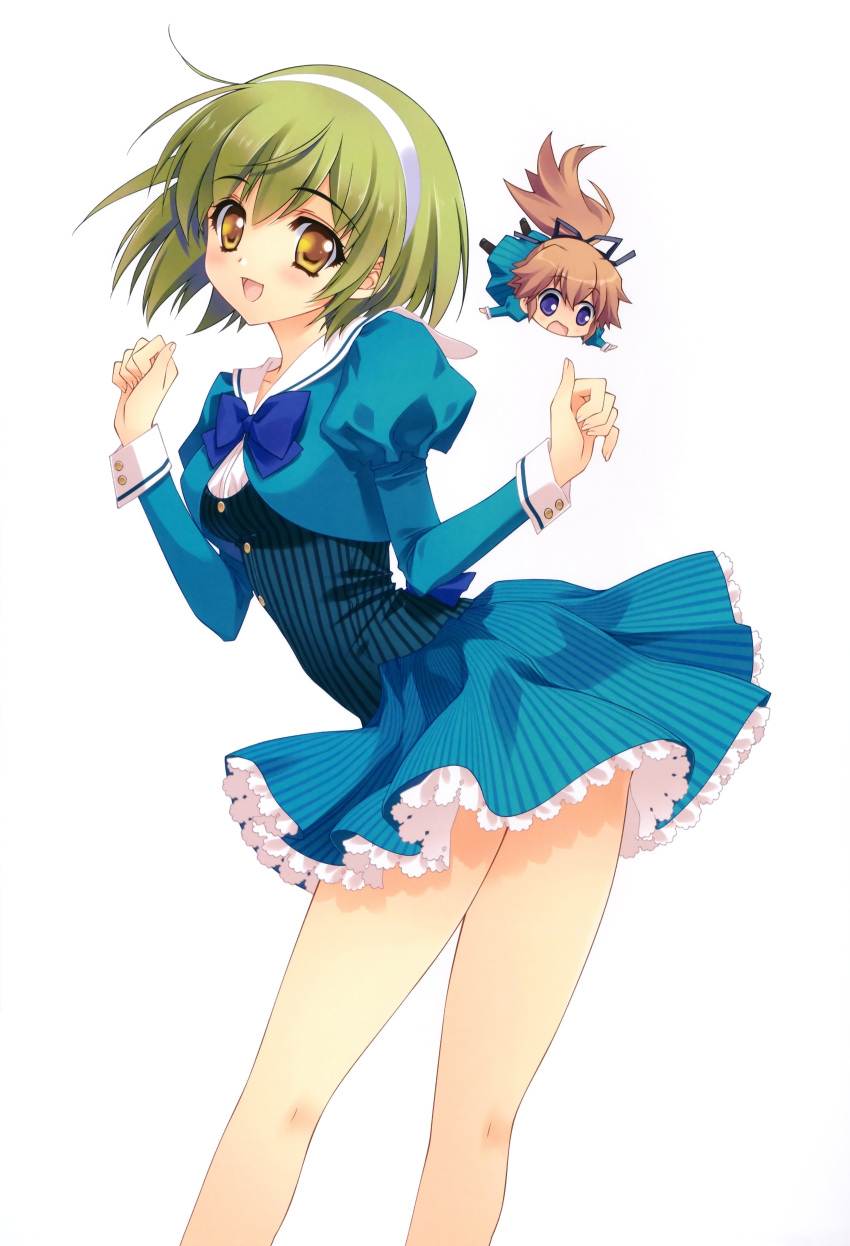 1girl, :d, absurdres, brown_hair, carnelian, chibi, green_hair, hairband, headband, highres, juliet_sleeves, legs, long_hair, long_sleeves, mix!, mutsuki_aoi, open_mouth, ponytail, puffy_sleeves, purple_eyes, sailor_collar, school_uniform, short_hair, simple_background, smile, suga_ran, suwa_ranmaru, trap, vertical_stripes, violet_eyes