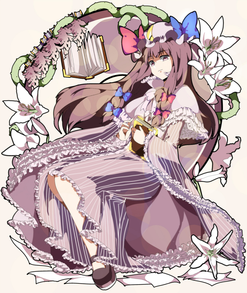 blurry, book, bow, crescent, dress, flower, frills, hair_ribbon