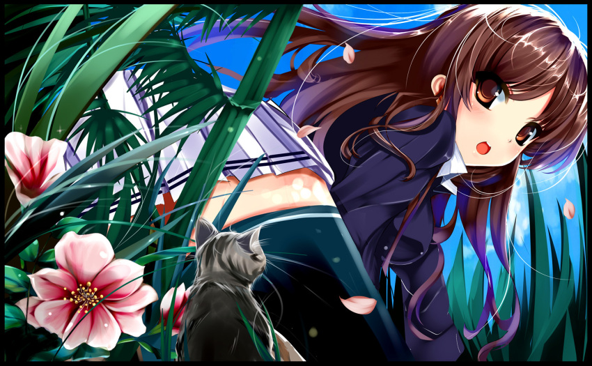 brown_eyes, brown_hair, c_iron, cat, flower, flower_pedals, iron_(huyiyang), long_hair, looking_at_viewer, misaki_kurehito_(style), open_mouth, original, seifuku, thighhighs