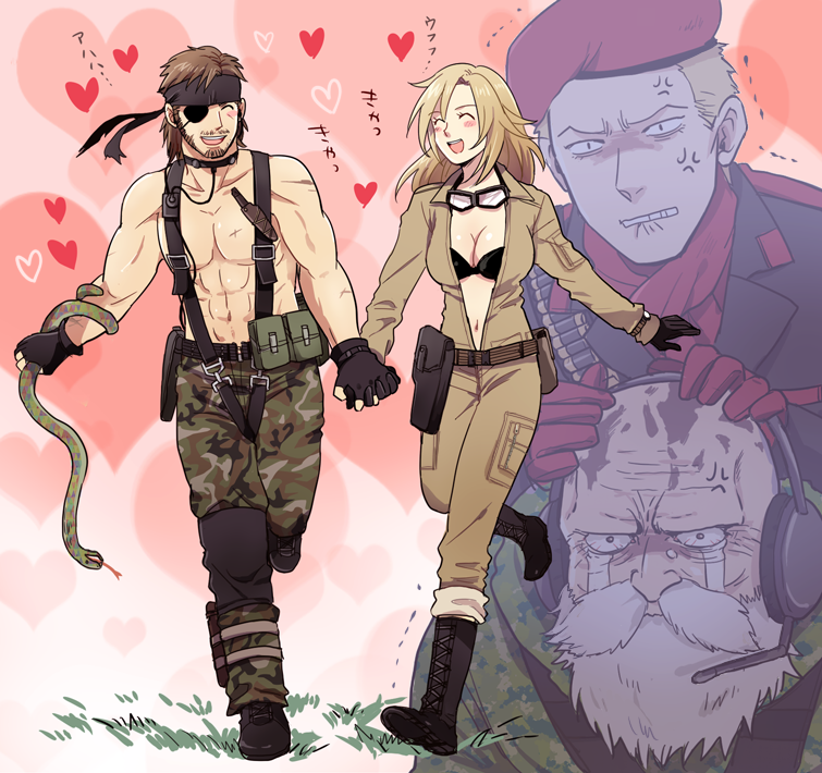 3boys, 50yen, :d, ^_^, anger_vein, beard, belt, big_boss