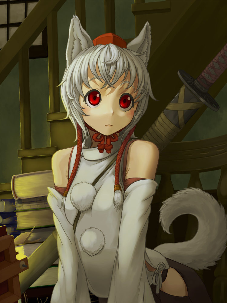 animal_ears, bare_shoulders, blush, book, chair, chin_strap, detached_sleeves, gishu, hat, inubashiri_momiji, pom_pom_(clothes), red_eyes, sheath, sheathed, short_hair, silver_hair, sitting, solo, stairs, sword, tail, tokin_hat, touhou, weapon, window, wolf_ears, wolf_tail