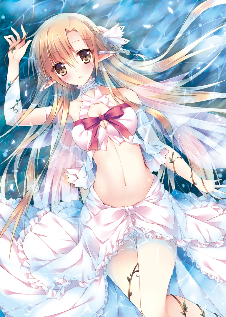asuna_(sao), blush, breasts, brown_eyes, brown_hair, cleavage, elf, long_hair