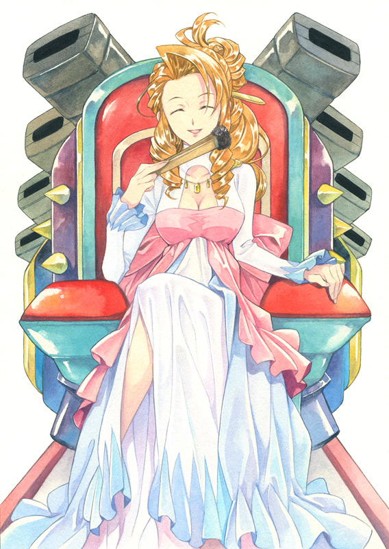 agahari, breasts, brown_eyes, center_opening, character_request, cleavage, closed_eyes, crossed_legs, dress, eyes_closed, fan, flora_nanadan, hair_ornament, isekai_no_seikishi_monogatari, jewelry, legs_crossed, long_hair, necklace, sitting, smile, solo