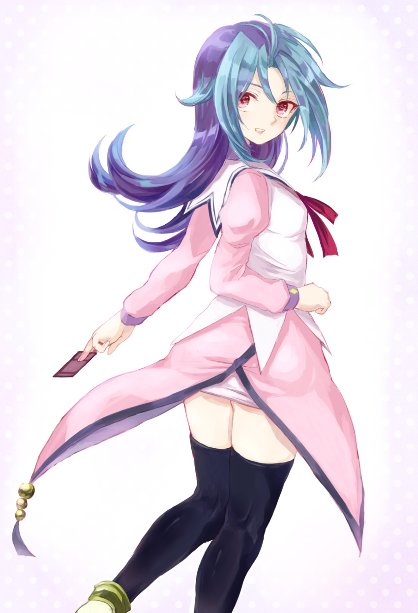 1girl, aimai-me, black_legwear, blue_hair, card, female, from_behind, highres