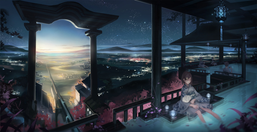 arch, brown_hair, column, hair_ornament, hairclip, highres, japanese_clothes, landscape