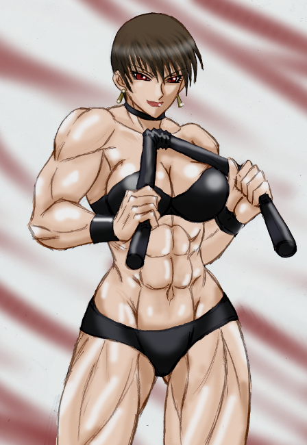 1girl, abs, armband, biceps, black_bra, black_panties, bra, bracelet