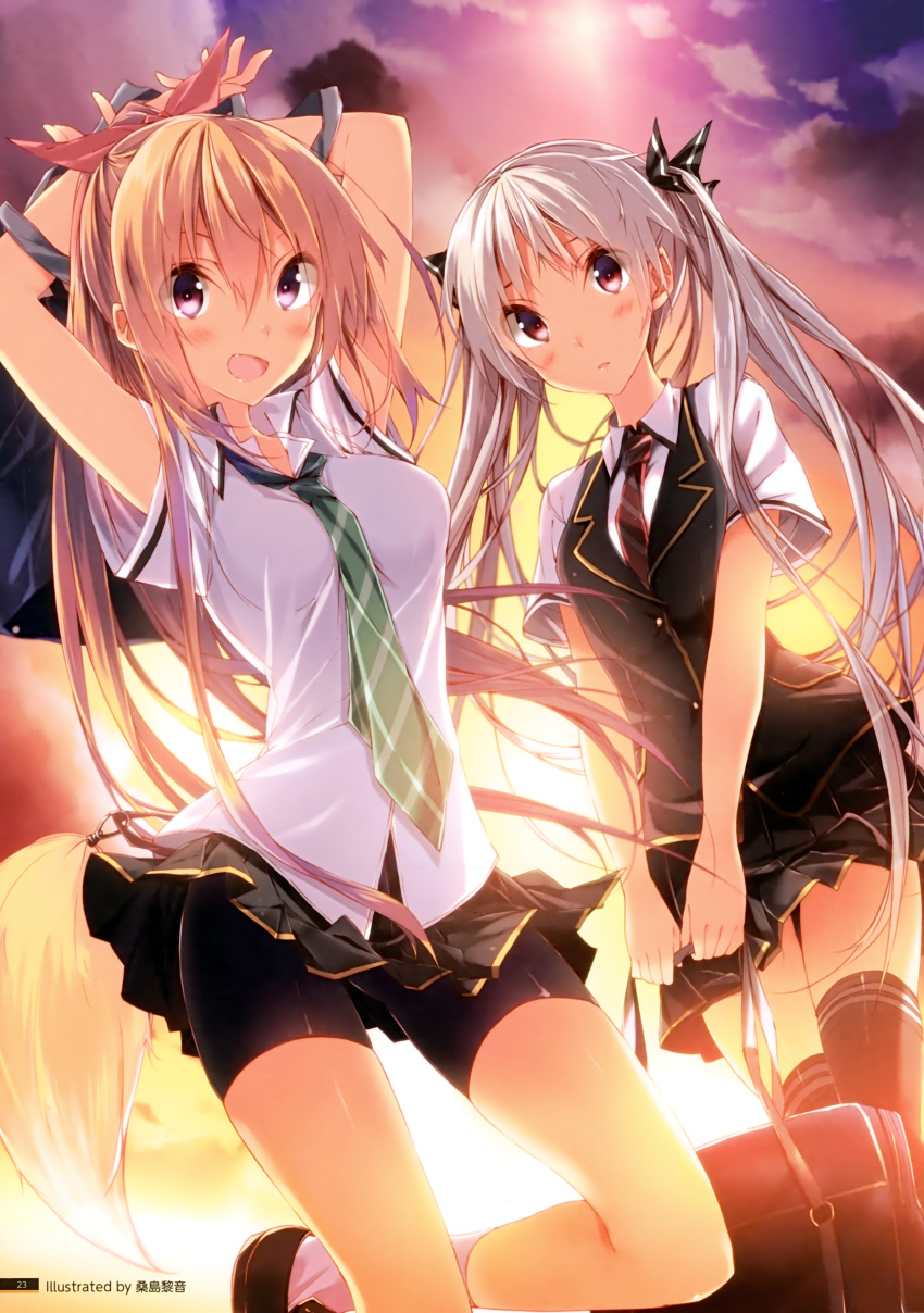:d, absurdres, arms_up, artist_request, bag, bike_shorts, black_legwear, brown_hair, fang, highres, kurano_kun_chi_no_futago_jijou, kurano_mikoto, kurano_tomoka, kuwashima_rein, long_hair, multiple_girls, necktie, open_mouth, parted_lips, pleated_skirt, ponytail, purple_eyes, red_eyes, scan, school_bag, school_uniform, siblings, silver_hair, sisters, skirt, sleeveless_blazer, smile, sunset, thigh-highs, thighhighs, twintails, very_long_hair, violet_eyes, zettai_ryouiki