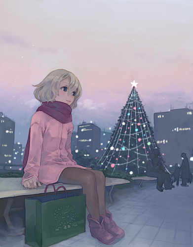blonde_hair, blue_eyes, boots, christmas_tree, lowres, original, pantyhose, scarf