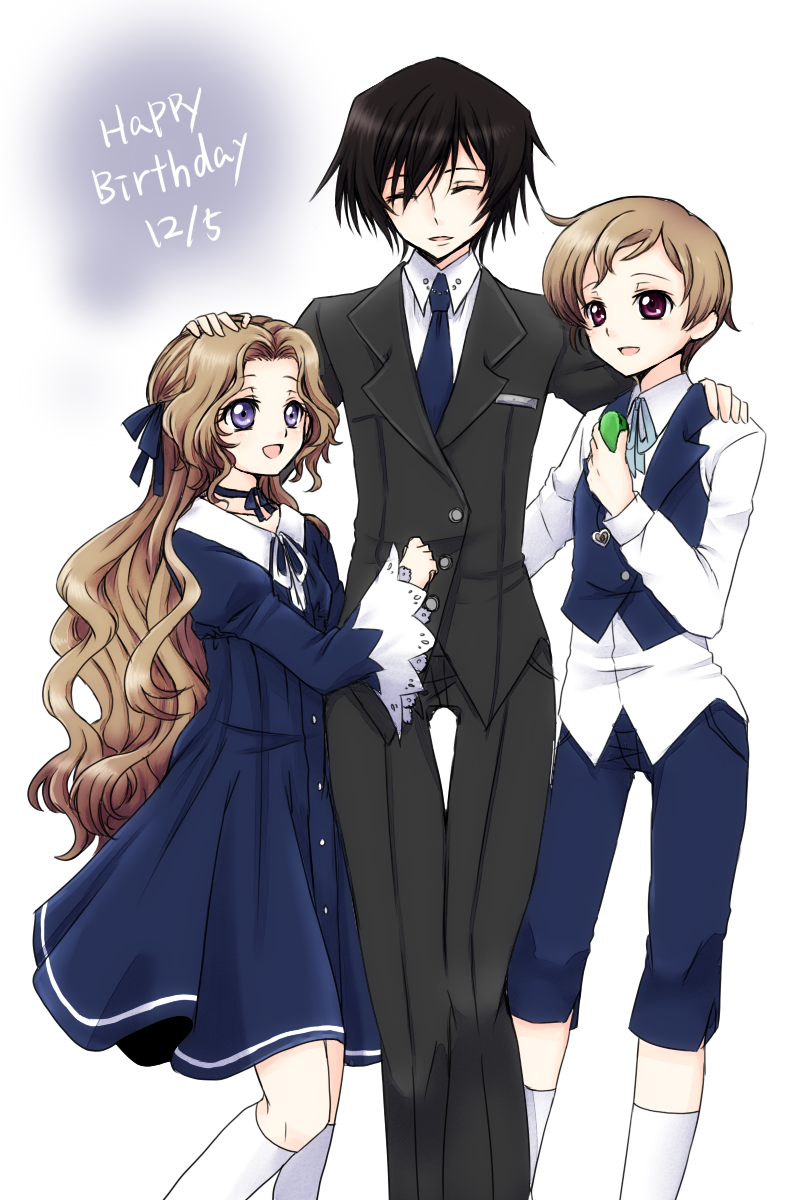 2boys, aji_paba, birthday, black_hair, brown_hair, code_geass, happy_birthday, highres, lelouch_lamperouge, long_hair, multiple_boys, nunnally_lamperouge, open_mouth, purple_eyes, rolo_lamperouge, short_hair, siblings, smile, violet_eyes