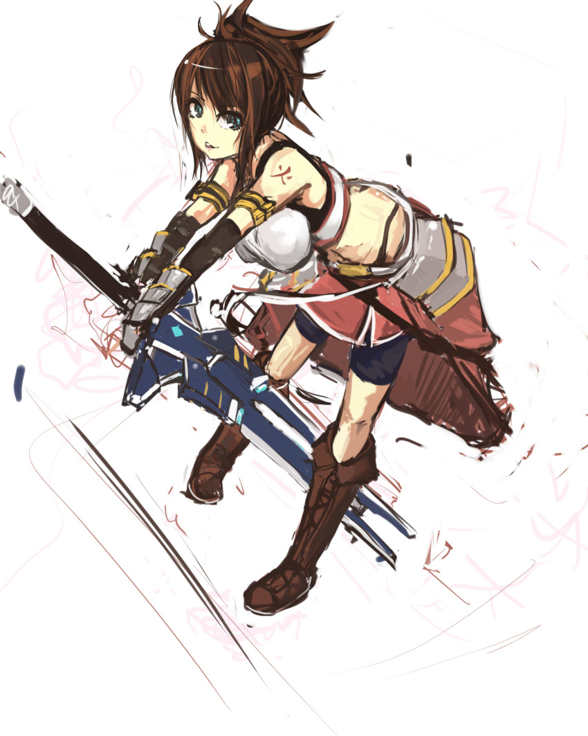 ade_(emi-tan), blue_eyes, boots, breasts, brown_hair, faulds, half_updo, highres