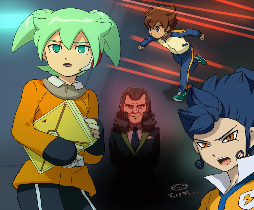 blue_hair, brown_hair, fei_rune, green_eyes, green_hair, headset, inazuma_eleven_(series), inazuma_eleven_go, inazuma_eleven_go_chrono_stone, male, matsukaze_tenma, mizuhara_aki, multiple_boys, open_mouth, raimon, soccer_uniform, toudou_heikichi, tsurugi_kyousuke, yellow_eyes