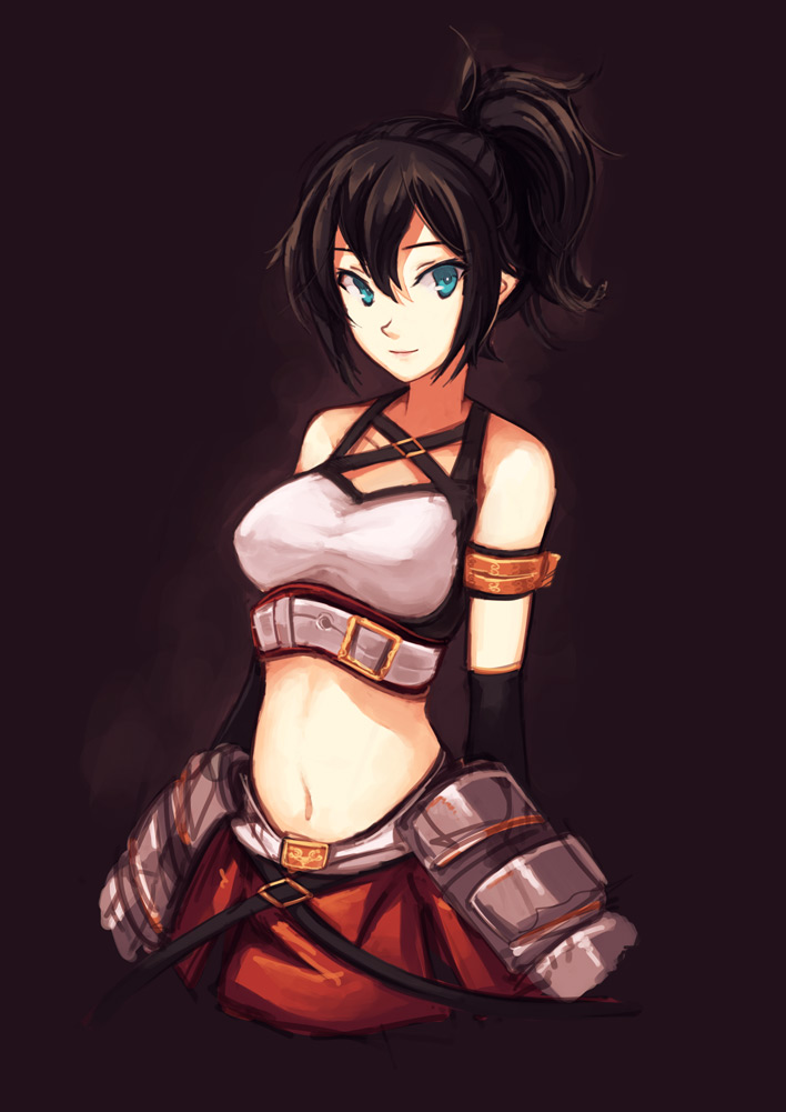 ade_(emi-tan), armor, bare_shoulders, belly, belt_buckle, blue_eyes, breasts, brown_hair, doomfest, elbow_gloves, erect_nipples, faulds, gloves, light_smile, looking_at_viewer, midriff, navel, original, payot, ponytail, simple_background, solo, standing