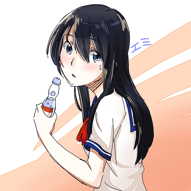 blue_eyes, blue_hair, blush, bottle, emi-tan, holding, long_hair, looking_at_viewer