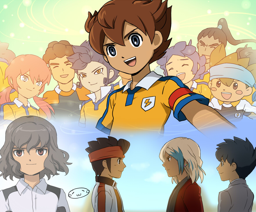 adult, blush_stickers, brown_hair, closed_eyes, endou_mamoru, everyone, eyes_closed, goalkeeper