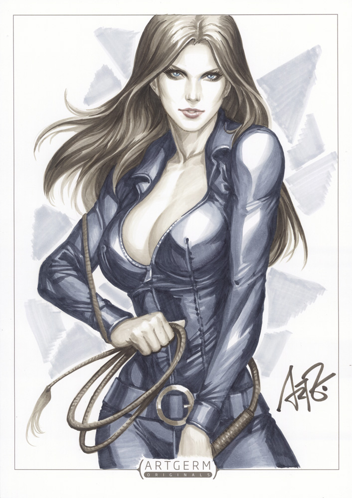 belt, blue_eyes, bodysuit, breasts, brown_hair, cleavage, danger_girl, leather, long_hair, marker_(medium), muted_color, signature, solo, stanley_lau, sydney_savage, traditional_media, whip, zipper