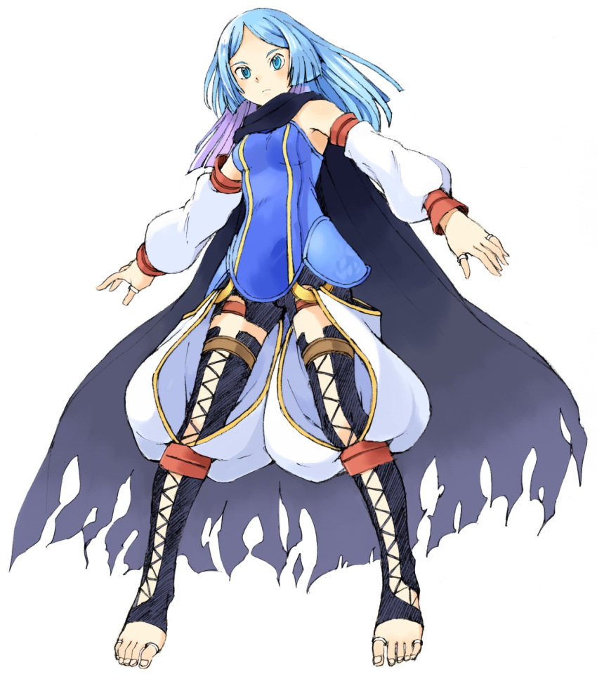 blue_eyes, blue_hair, cape, detached_pants, detached_sleeves, erica_(malicious), feet, highres, jewelry, long_hair, malicious, oyatsu_(mk2), ring, thighhighs, toe_ring, toeless_legwear, toeless_socks, toenails, toes