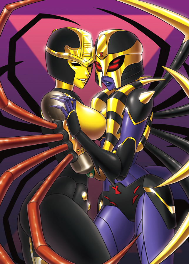 2girls, beast_wars, blackarachnia, female, hug, lips, multiple_girls, quere6x9