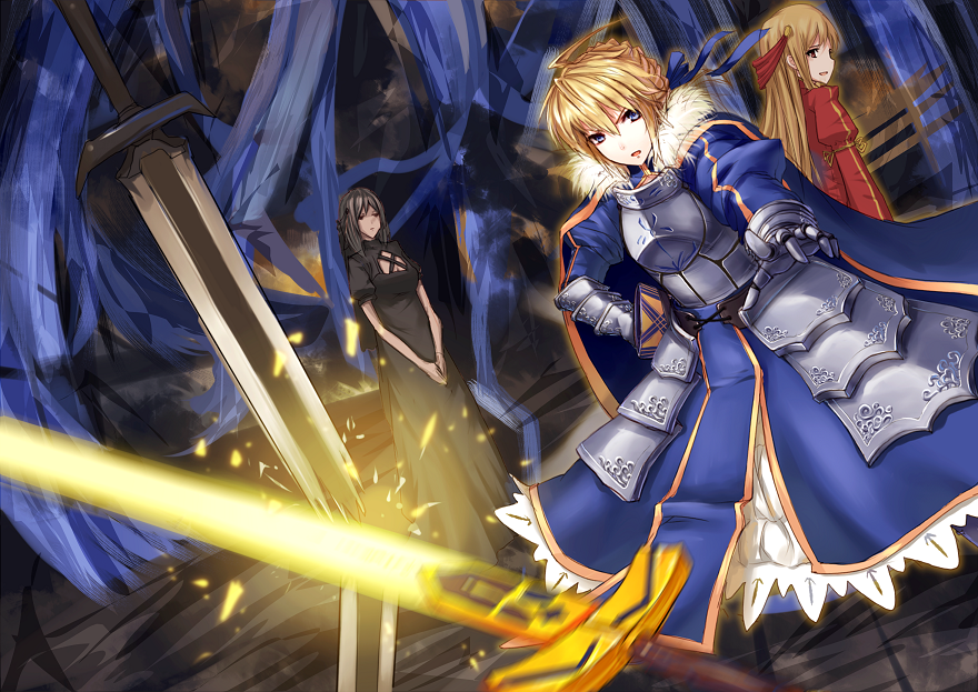 ahoge, armor, armored_dress, avalon_(fate/stay_night), black_hair, blonde_hair, cape, dress