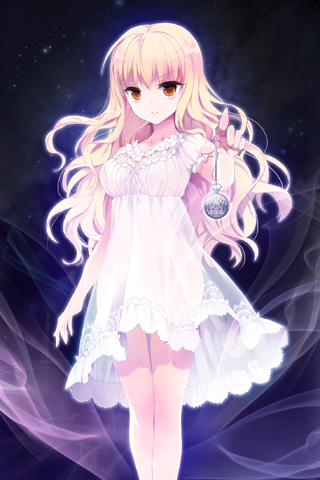 blonde_hair, brown_eyes, celine_hastur, dress, holding, ieban, long_hair, lowres