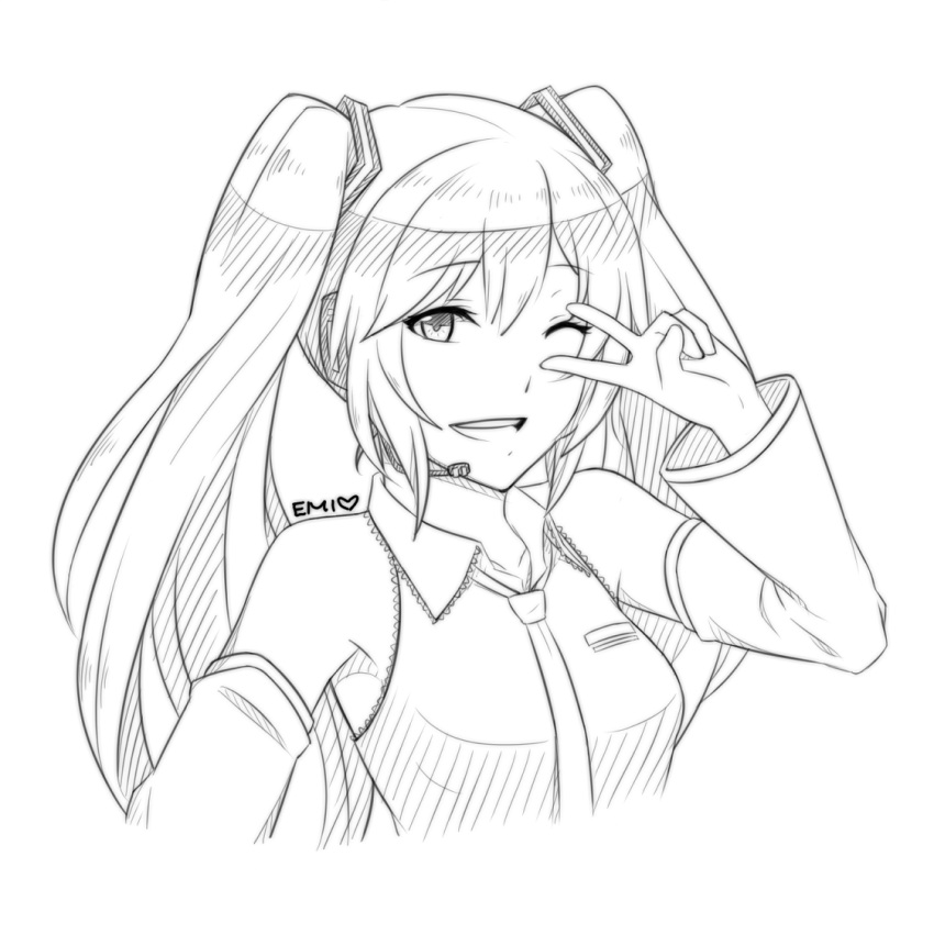 detached_sleeves, emi-tan, hair_ornament, hatsune_miku, headset, lineart, long_hair, looking_at_viewer, necktie, simple_background, smile, twintails, v_over_eye, vocaloid, white_background, wink