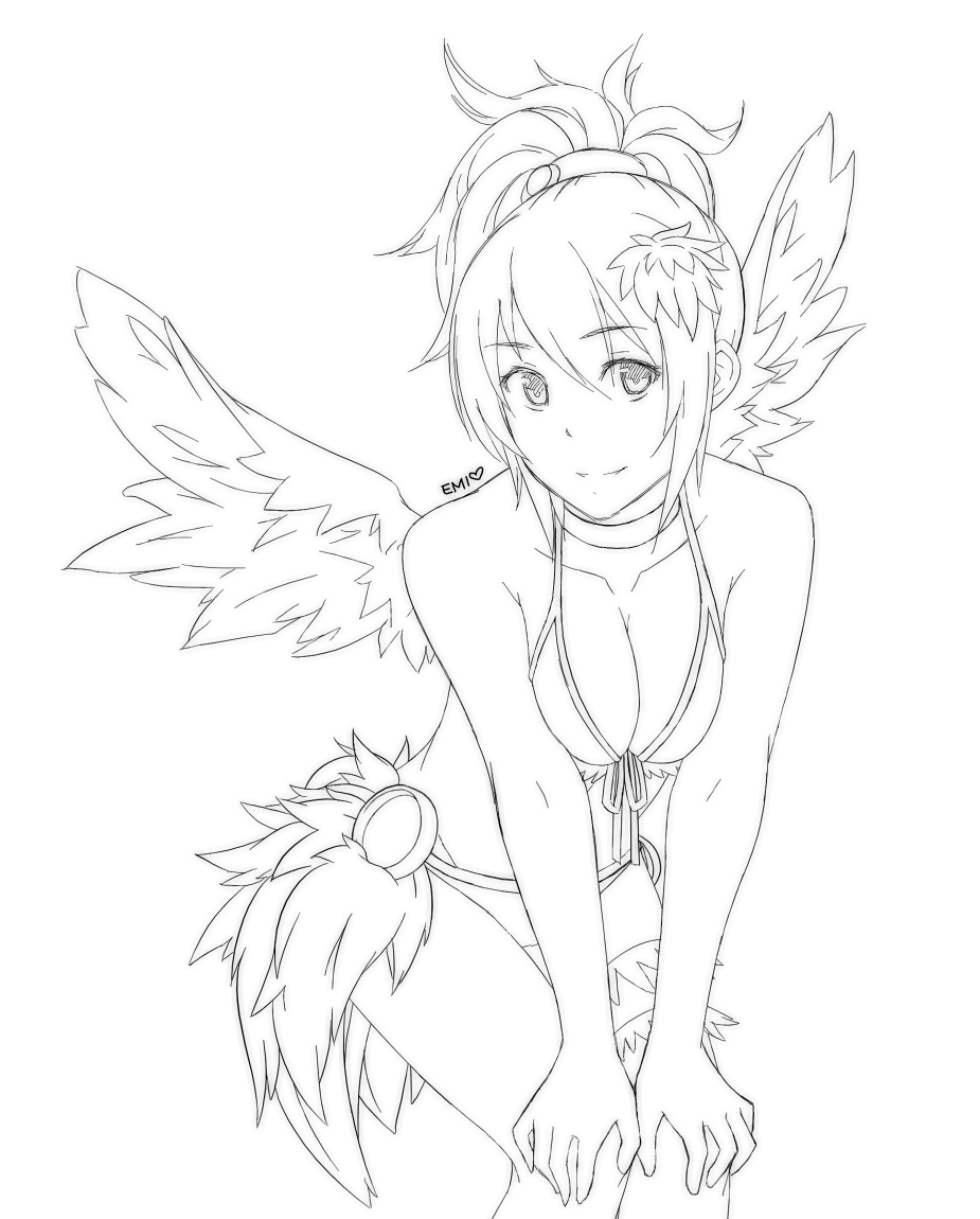 bent_knees, breasts, cleavage, cosmic_break, ear, emi-tan, feathered_wings, leaning_forward