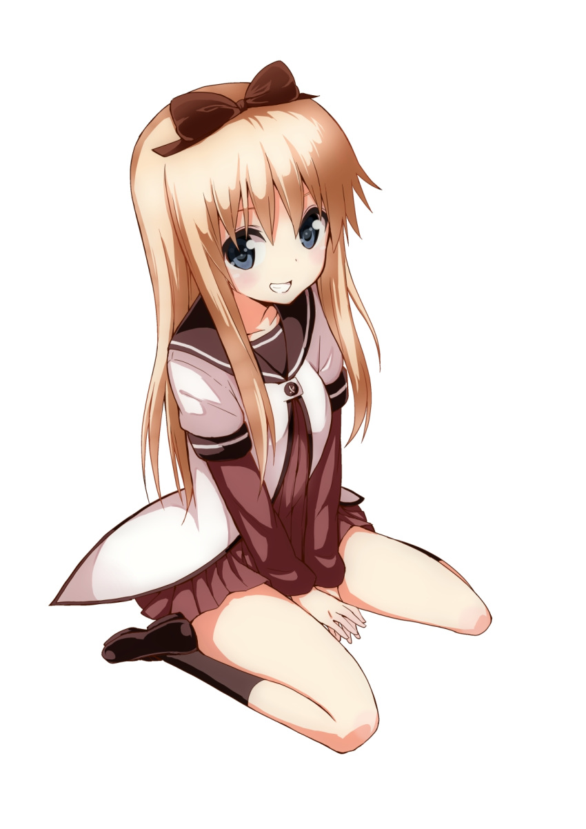 blonde_hair, blue_eyes, borupikka, grin, highres, long_hair, school_uniform, serafuku