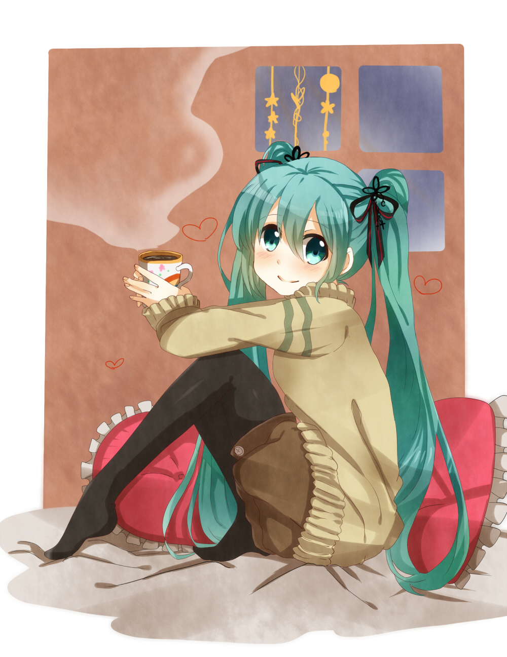 cocoa, cushion, green_eyes, green_hair, hair_ribbon, hatsune_miku, highres, long_hair