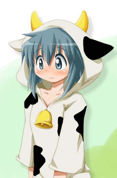 animal_costume, animal_ears, bell, blue_eyes, blue_hair, blush, collarbone, cow_costume