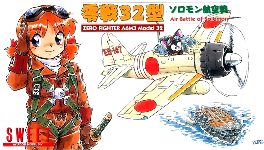 a6m_zero, aircraft_carrier, airplane, blue_eyes, cat, copyright_request, fujita_yukihisa, gloves