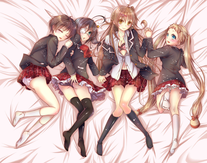 black_hair, black_legwear, black_panties, blue_eyes, blush, bra, brown_eyes, brown_hair, chuunibyou_demo_koi_ga_shitai!, closed_eyes, dekomori_sanae, eyepatch, eyes_closed, hand_holding, highres, holding_hands, kneehighs, long_hair, lying, mitsuki_(omezame_alice), multiple_girls, nibutani_shinka, on_back, on_side, open_clothes, open_shirt, panties, pink_bra, plaid, plaid_skirt, school_uniform, shirt, short_hair, side_ponytail, skirt, smile, takanashi_rikka, tsuyuri_kumin, twintails, underwear, very_long_hair, white_legwear, white_panties, white_shirt