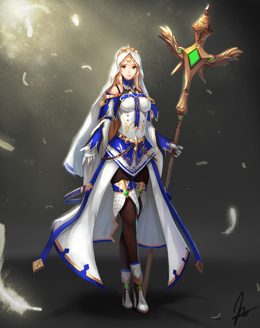 absurdres, bare_shoulders, black_legwear, blonde_hair, boots, brooch, copyright_request, deneb_(noble324), detached_wings, feathers, gloves, green_eyes, headdress, highres, jewelry, light_smile, lips, long_hair, pantyhose, solo, staff, white_gloves, wings