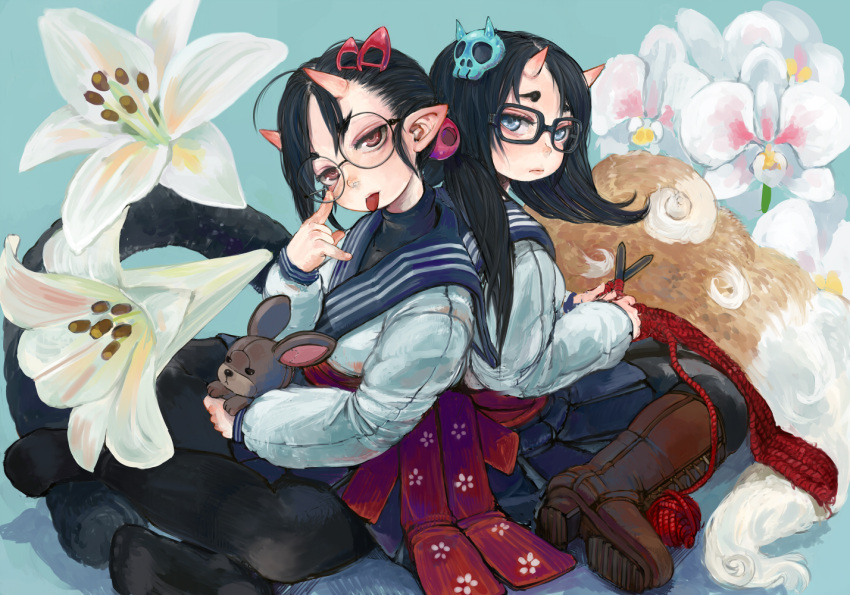 blue_eyes, flower, glasses, hair_ornament, horns, knitting, multiple_girls, oni