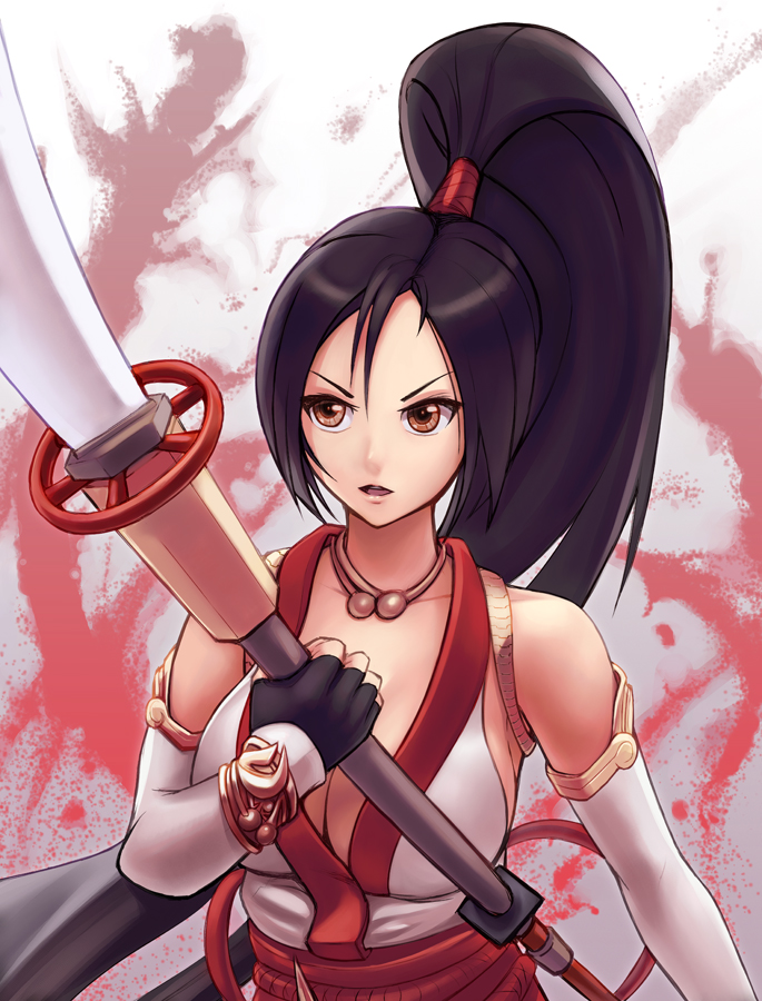 bare_shoulders, black_hair, breasts, brown_eyes, cleavage, elbow_gloves, fingerless_gloves, gloves, high_ponytail, hybridmink, jewelry, large_breasts, long_hair, momiji_(ninja_gaiden), naginata, nick_savino, ninja_gaiden, pole_arm, polearm, ponytail, solo, weapon