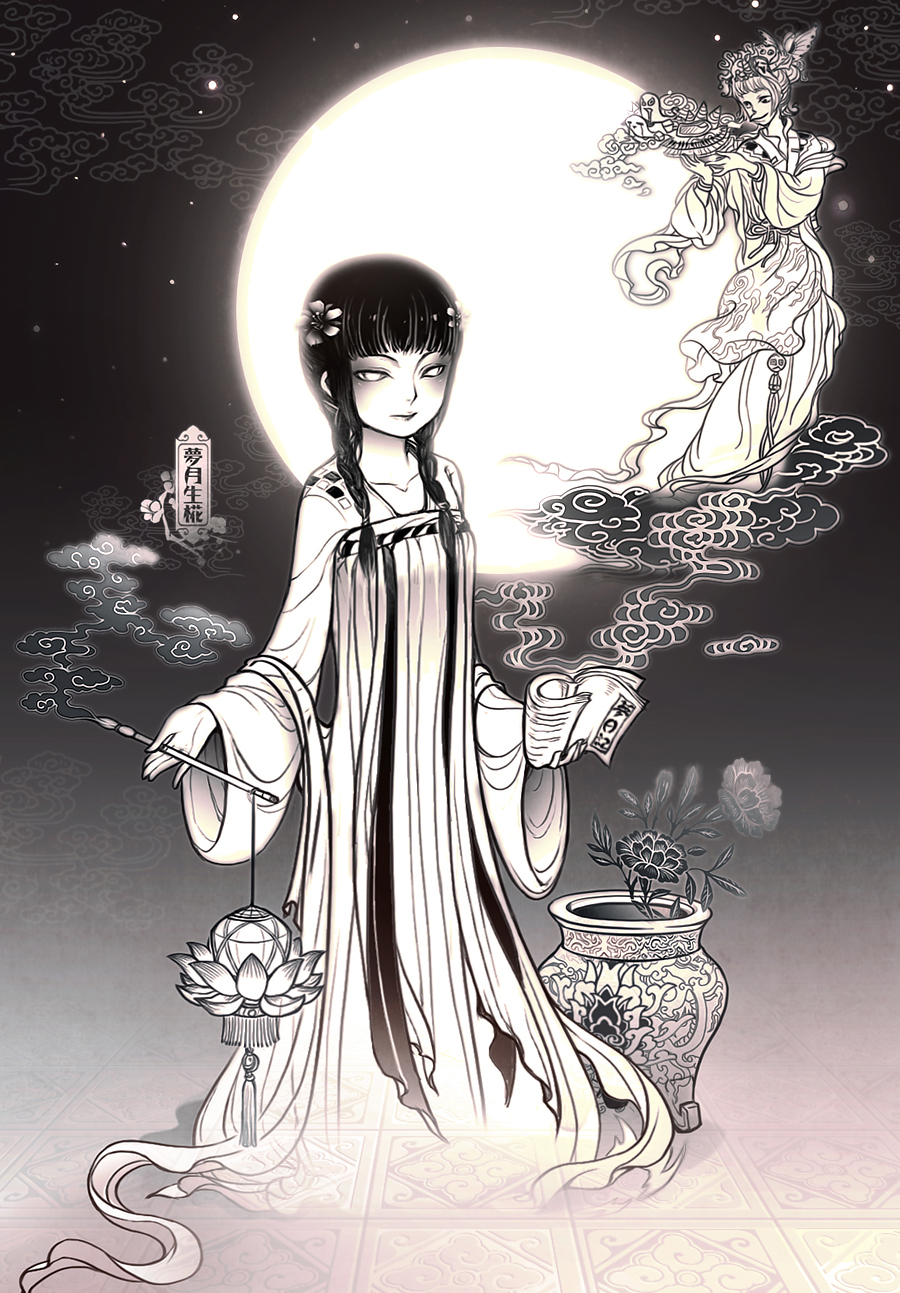 black_hair, book, braid, cloud, clouds, flower, ghost, highres