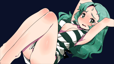 armpits, arms_up, blush, body_blush, breasts, criminal_girls, game_cg, green_eyes