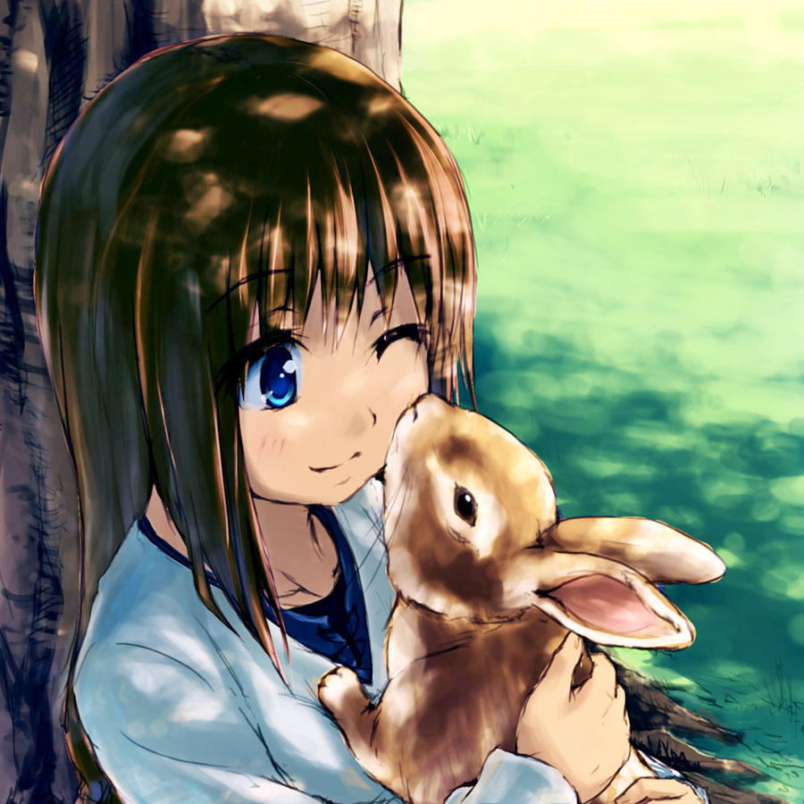 ;), against_tree, beidan, black_hair, blue_eyes, bunny, holding, long_hair